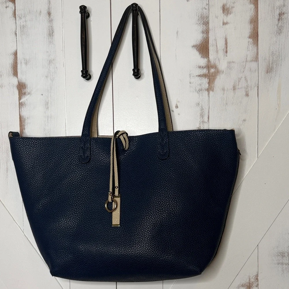 Charming Charlie Reversible Vegan Tote Bag Beige and Blue - Picture 3 of 10